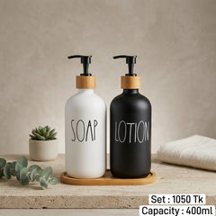 Premium Imported 2pc Glass Liquid Soap & Lotion Dispenser Set with Elegant Wooden Holder – Perfect for Stylish Bathroom Sink Organization 🧴🫧