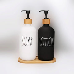 Premium Imported 2pc Glass Liquid Soap & Lotion Dispenser Set with Elegant Wooden Holder – Perfect for Stylish Bathroom Sink Organization 🧴🫧