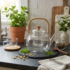 Borosilicate Heat Resistant Fire-Proof Clear Glass Tea Kettle with Glass Lid, Tea Infuser & Wooden Handle ππ΅