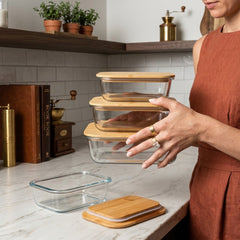 Square Shape Borosilicate Glass Bowl Set with Bamboo Wooden Lid – Premium Storage Meets Elegant Kitchen Style! 🌿✨