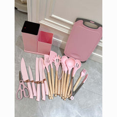 19PCS Silicone Cooking Utensils Heat Resistant Ergonomic Wood Handle Kitchen Tool For Easy Food Preparation pink Spoon set kitchenware set