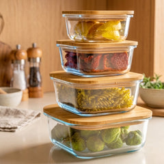 Square Shape Borosilicate Glass Bowl Set with Bamboo Wooden Lid – Premium Storage Meets Elegant Kitchen Style! 🌿✨