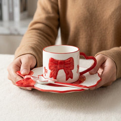 Cute 3D Bow Ceramic Cup & Saucer Set with Spoon ☕🎀💗