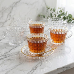 Unique Design Premium 6pcs Glass Tea Cup Set with Golden Rim & Saucer ☕🍊