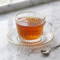Premium 6pcs Clear Glass Tea Cup Set with Golden Rim & Saucer ☕🍑