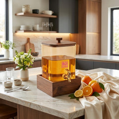 SQUARE BROWN GLASS JUICE DISPENSER WITH WOODEN STAND – ELEGANT & STYLISH SERVING! 🥤🤎