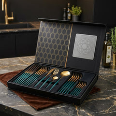 Premium 24pcs Golden Stainless Steel Cutlery Set – Luxury Dining & Elegant Gift Box Collection 🌷🍽️🥦
