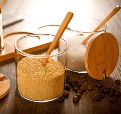 3pcs Fashion Condiment Jar Set, Storage Food, Decorative Storage Seasoning Glass Container Box, High Borosilicate Glass Jar with Bamboo Spoon Lid and Base for Home Kitchen