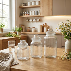 STRIPED GLASS STORAGE JAR WITH AIRTIGHT GLASS LID