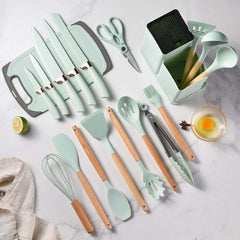 19PCS Silicone Cooking Utensils Heat Resistant Ergonomic Wood Handle Kitchen Tool For Easy Food Preparation pink Spoon set kitchenware set