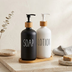 Premium Imported 2pc Glass Liquid Soap & Lotion Dispenser Set with Elegant Wooden Holder – Perfect for Stylish Bathroom Sink Organization 🧴🫧