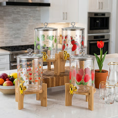 Premium Printed Glass Juice Dispenser with Elegant Wooden/Bamboo Stand – Perfect for Stylish Home & Party Serving! 🌿🥤