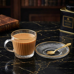 Premium 6pcs Clear Glass Tea Cup Set with Golden Rim & Saucer ☕🍑