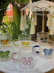 Ribbed Bow Glass Cup Set – Cute & Elegant Mini Mug 💗🎀💜