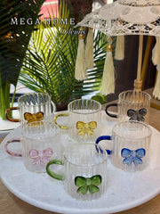 Ribbed Bow Glass Cup Set – Cute & Elegant Mini Mug 💗🎀💜