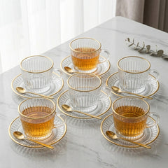 Premium 6pcs Clear Glass Tea Cup Set with Golden Rim & Saucer ☕🍑