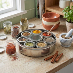 Premium Indian Stainless Steel Masala Jar Set – 9 Pcs 🌶️🧂
