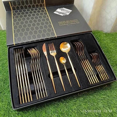 Premium 24pcs Golden Stainless Steel Cutlery Set – Luxury Dining & Elegant Gift Box Collection 🌷🍽️🥦