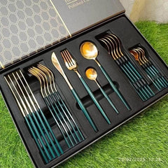 Premium 24pcs Golden Stainless Steel Cutlery Set – Luxury Dining & Elegant Gift Box Collection 🌷🍽️🥦