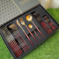 Premium 24pcs Golden Stainless Steel Cutlery Set – Luxury Dining & Elegant Gift Box Collection 🌷🍽️🥦