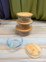 Round Shape Borosilicate Glass Food Storage Bowl Set with Natural Bamboo Wooden Lid ✨🍱