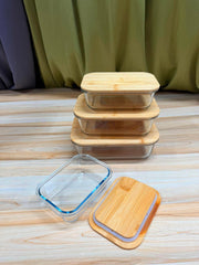 Square Shape Borosilicate Glass Bowl Set with Bamboo Wooden Lid – Premium Storage Meets Elegant Kitchen Style! 🌿✨