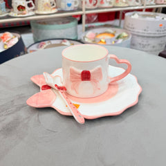 Cute 3D Bow Ceramic Cup & Saucer Set with Spoon ☕🎀💗