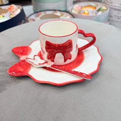 Cute 3D Bow Ceramic Cup & Saucer Set with Spoon ☕🎀💗