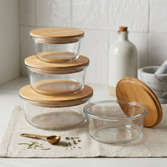 Round Shape Borosilicate Glass Food Storage Bowl Set with Natural Bamboo Wooden Lid ✨🍱