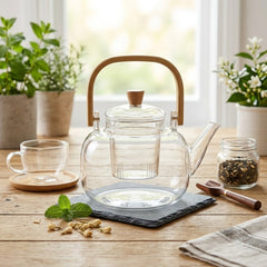Borosilicate Heat Resistant Fire-Proof Clear Glass Tea Kettle with Glass Lid, Tea Infuser & Wooden Handle ππ΅