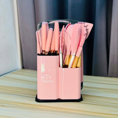 19PCS Silicone Cooking Utensils Heat Resistant Ergonomic Wood Handle Kitchen Tool For Easy Food Preparation pink Spoon set kitchenware set