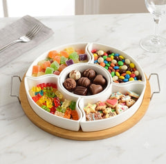 Luxury Imported Detachable Ceramic Snack & Bhorta Serving Bowl Set with Wooden Tray โ Elegant 6pcs Tableware Collection for Dry Fruits, Candy, Pickles & Appetizers ๐ฅ๐๐ฅฏ