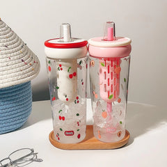 1000ml Cute Fruit & Flower Print Plastic Water Bottle with Straw – BPA-Free Leak-Proof Tumbler for Kids