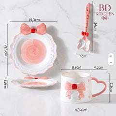 Cute 3D Bow Ceramic Cup & Saucer Set with Spoon ☕🎀💗