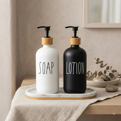 Premium Imported 2pc Glass Liquid Soap & Lotion Dispenser Set with Elegant Wooden Holder – Perfect for Stylish Bathroom Sink Organization 🧴🫧