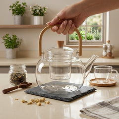 Borosilicate Heat Resistant Fire-Proof Clear Glass Tea Kettle with Glass Lid, Tea Infuser & Wooden Handle ππ΅