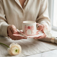 Cute 3D Bow Ceramic Cup & Saucer Set with Spoon ☕🎀💗