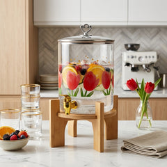 Premium Printed Glass Juice Dispenser with Elegant Wooden/Bamboo Stand – Perfect for Stylish Home & Party Serving! 🌿🥤