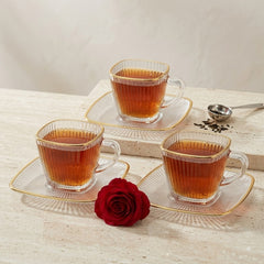 Aesthetic Striped Clear Glass Tea Serving Cup Set with Matching Saucers – Perfectly Designed for Elegant Home & Guest Serving ☕🌿