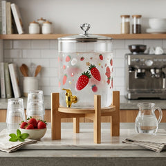 Premium Printed Glass Juice Dispenser with Elegant Wooden/Bamboo Stand – Perfect for Stylish Home & Party Serving! 🌿🥤