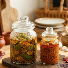 STRIPED GLASS STORAGE JAR WITH AIRTIGHT GLASS LID