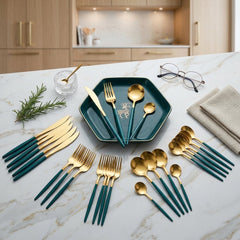 Premium 24pcs Golden Stainless Steel Cutlery Set – Luxury Dining & Elegant Gift Box Collection 🌷🍽️🥦