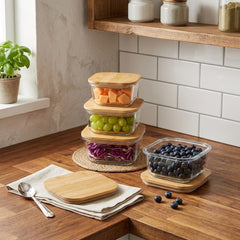 Square Shape Borosilicate Glass Bowl Set with Bamboo Wooden Lid – Premium Storage Meets Elegant Kitchen Style! 🌿✨