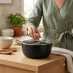 Black Stainless Steel Imported Household Kitchenware Cooking & Serving Deep Ramen Pot with Glass Lid 🍙🍜🍤