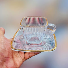 Aesthetic Striped Clear Glass Tea Serving Cup Set with Matching Saucers – Perfectly Designed for Elegant Home & Guest Serving ☕🌿