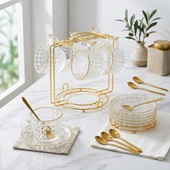 Unique Design Premium 6pcs Glass Tea Cup Set with Golden Rim & Saucer ☕🍊