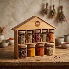House-Shaped Bamboo Spice Rack Set – Stylish & Space-Saving Kitchen Organizer! 🌿🏡