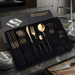 Premium 24pcs Golden Stainless Steel Cutlery Set – Luxury Dining & Elegant Gift Box Collection 🌷🍽️🥦