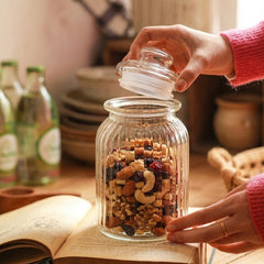 STRIPED GLASS STORAGE JAR WITH AIRTIGHT GLASS LID