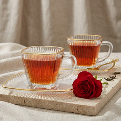 Aesthetic Striped Clear Glass Tea Serving Cup Set with Matching Saucers – Perfectly Designed for Elegant Home & Guest Serving ☕🌿